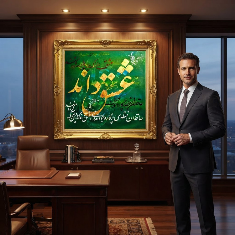 تابلوی نقاشیخط گونجی آرت مدل عشق داند روی زمینه ی سبز تکنیک ورق طلا ترکیب با آواز شجریان